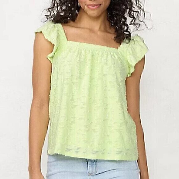 LC LAUREN CONRAD Ruffle Sleeve Cross Back Top Pastel Green Floral Jacquard Tank - Picture 1 of 12